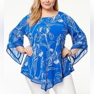 ALFANI Embroidered Floral Blouse Womens 1X Blue Bell 3/4 Sleeve Pullover Office